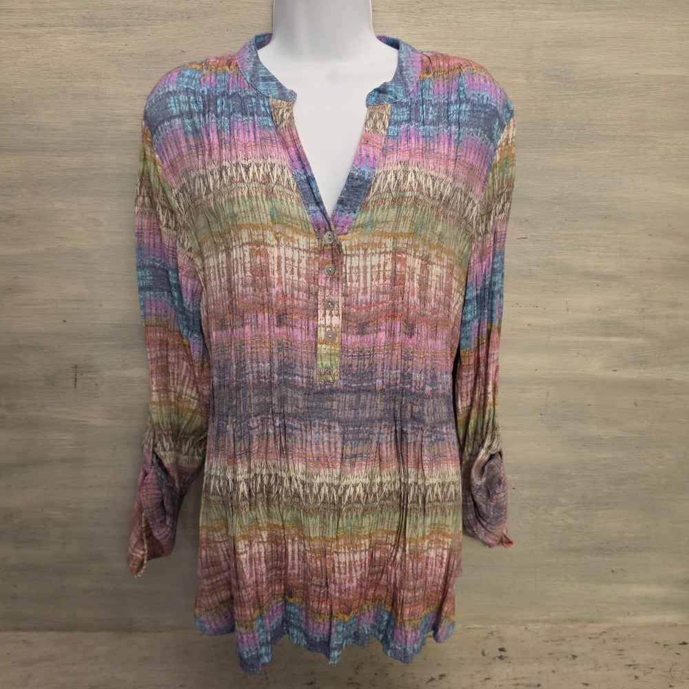 Zac & Rachel Colorful Abstract Pattern Split Collar Vneck Tunic Blouse XL GC
